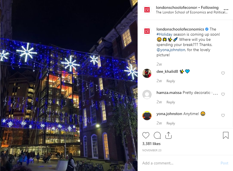 Christmas lights hang above passersby as the festive spirit grows at LSE