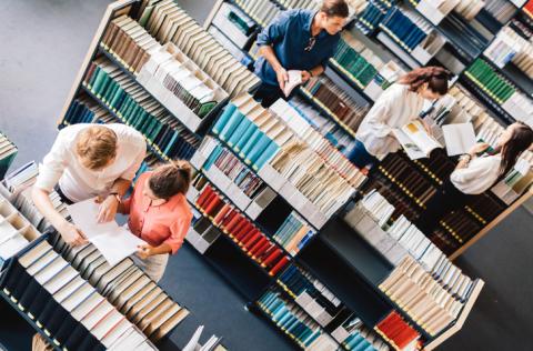 students in library